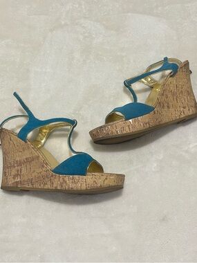 Vintage Y2K Bongo T-Time Teal & Gold Cork Wedge Sandals
